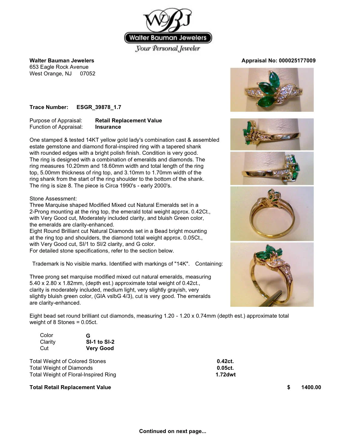 Estate 14K Y Gold 0.42ctw Emerald & 0.05ctw Diamond Ring - Image 5