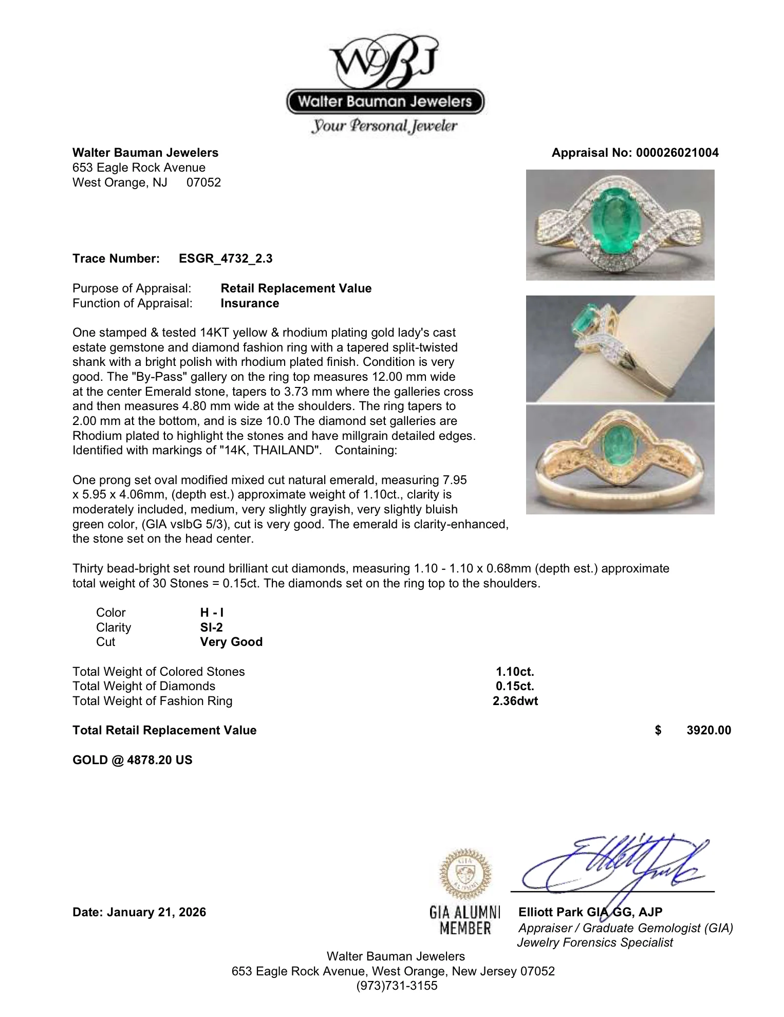 Estate 14K Y Gold 1.10ct Emerald & 0.15ctw H-I/SI2 Diamond Halo Ring - Image 5