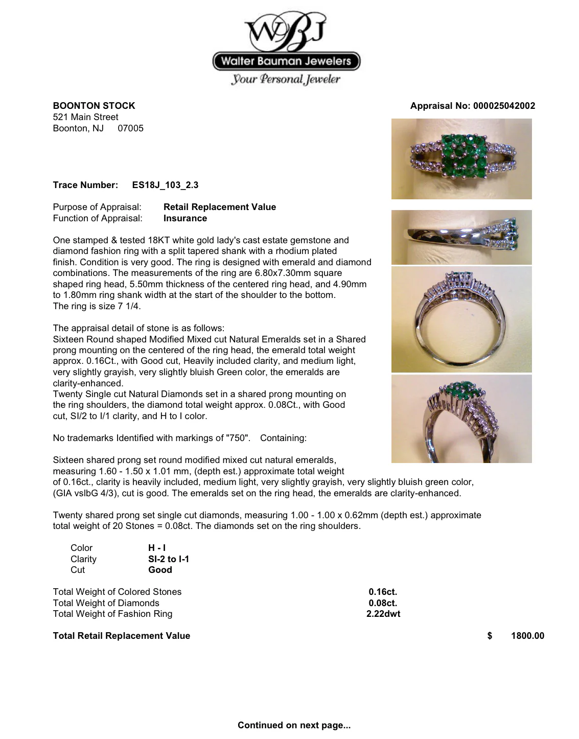 Estate 18K W Gold 0.16ctw Emerald & 0.08ctw Diamond Ring - Image 5