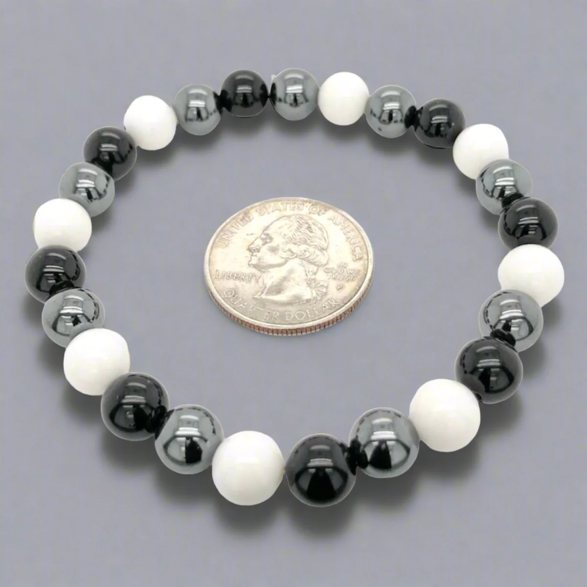 Onyx, Hematite & Tridacna 8mm Beaded Stretch Bracelet - Image 3
